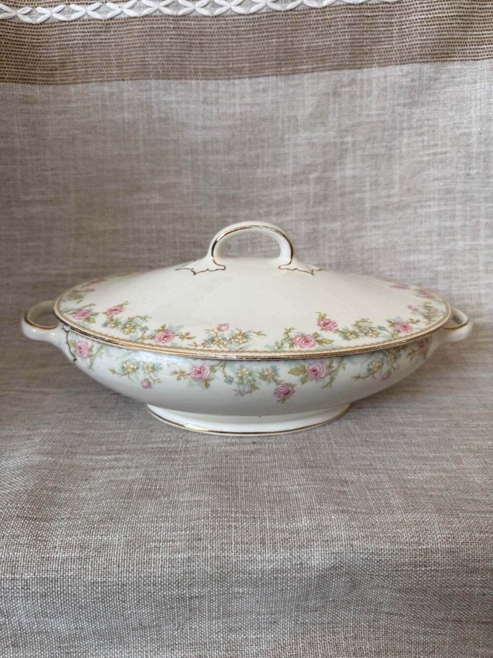 Antique WS George Derwood Covered Vegetable Dish Tureen Pink Rose Gold 11873